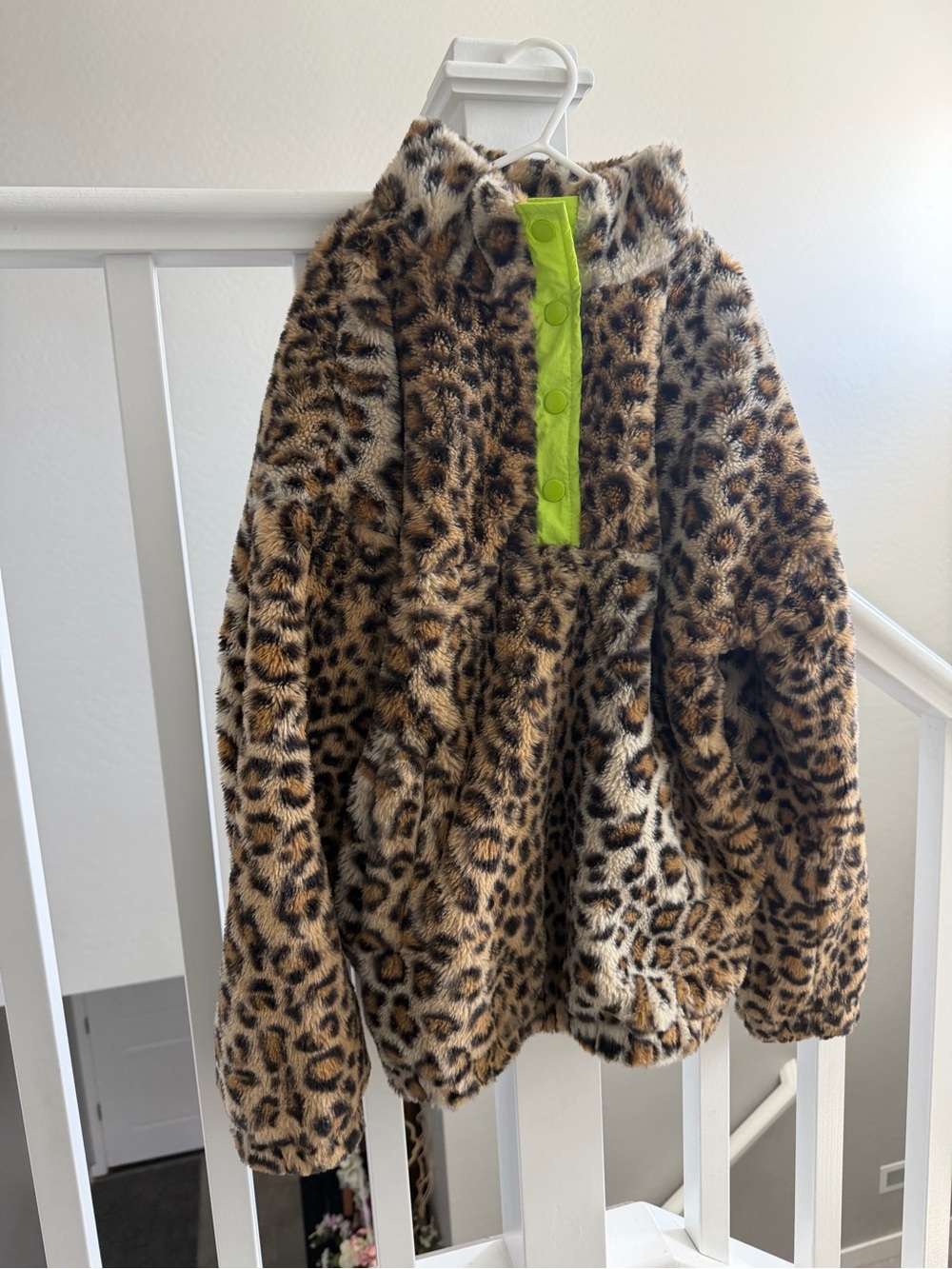 Treasure & Bond Girls Leopard Faux-Fur Pullover with Lime Snap Placket